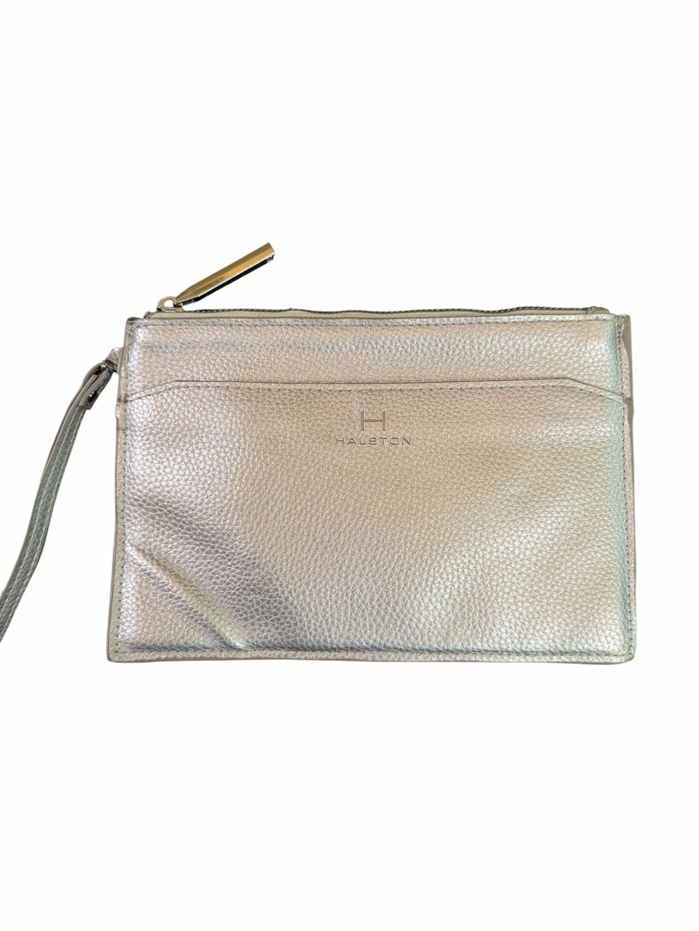 H by Halston Metallic Silver Vegan Leather Wristlet Clutch Pouch